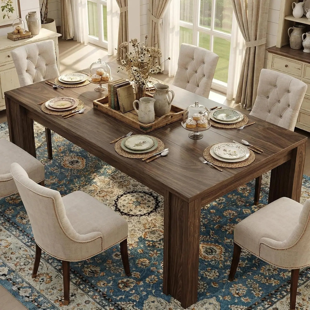 71 Inch Farmhouse Dining Table For 6-8, Rectangular Wood Kitchen Table With Thick Top, Wide H-Legs, 400lb Support For Dining Room