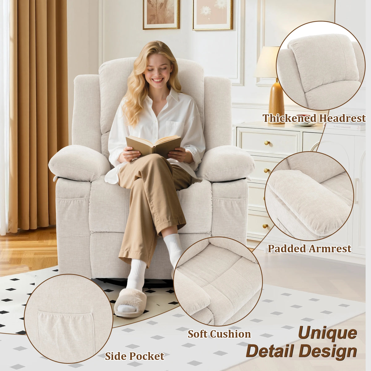 Korser Swivel Small Rocker Recliner Chair with Massage Chenille fabric Folding Armchair for Living Room，Bedroom