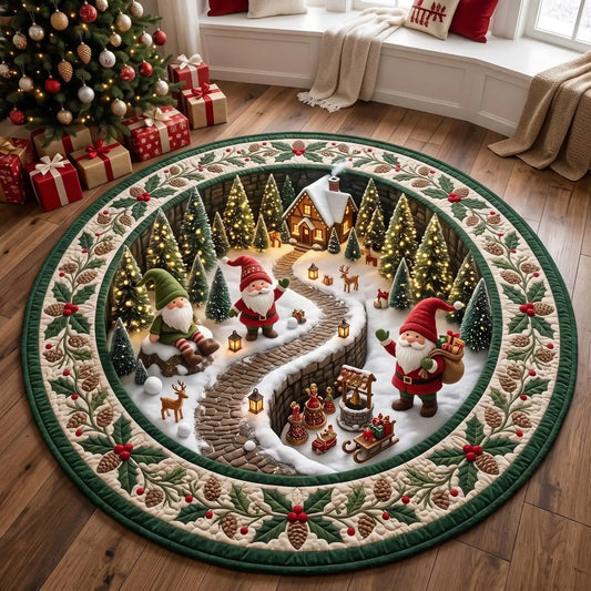 1PC Christmas Dwarf goblin snow village 2D illusion circular carpet, Christmas printed carpet, American country home decoration, suitable for living rooms, headboards, bedrooms, home mats, holiday parties