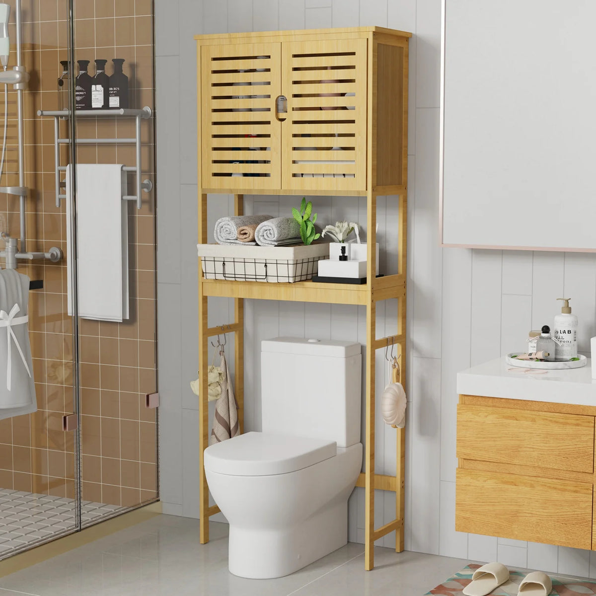 Natural Bamboo Over The Toilet Storage Rack 3-Tier Shelves Storage Shelf Cabinet Bathroom Organizer Space Saver