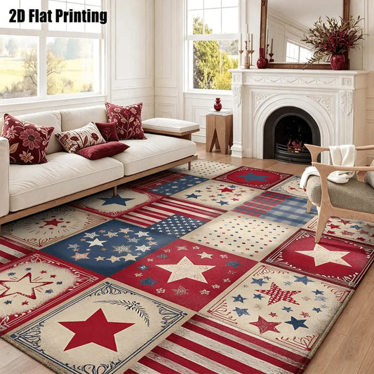 1Pc American Retro Star Stripe Patchwork Carpet, Bohemian Style Decorative Rug for Living Room, Bedroom, Dining Room, Bedside, Indoor and Outdoor Patio, Home Decor Accessories