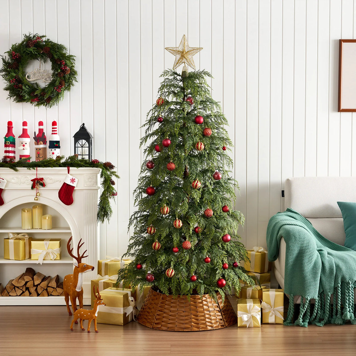 Pre-Lit Cypress Artificial Christmas Tree with Woven Basket/ Metal Stand, Christmas Tree with 30/70/100/350/500 Warm White Twinkling LEDs, Full Lush Branches, Ideal for Indoor Holiday Decor