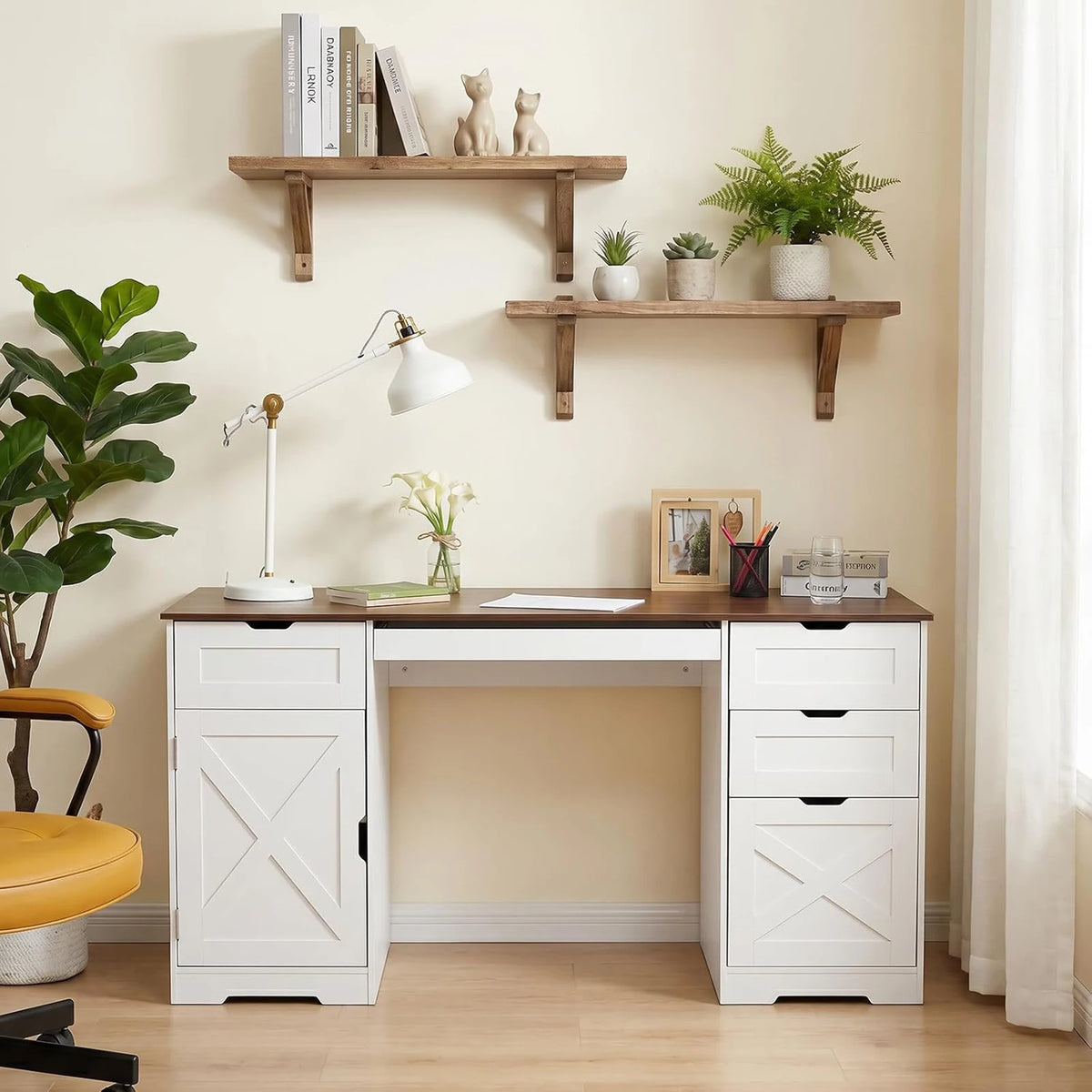 59 Inch Farmhouse Office Desk With 4 Drawers, Charging Station, Keyboard Tray, Storage Cabinet And Adjustable Shelf For Home Office Studio